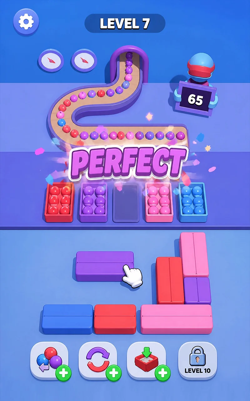 Puzzle level with colored blocks and spheres